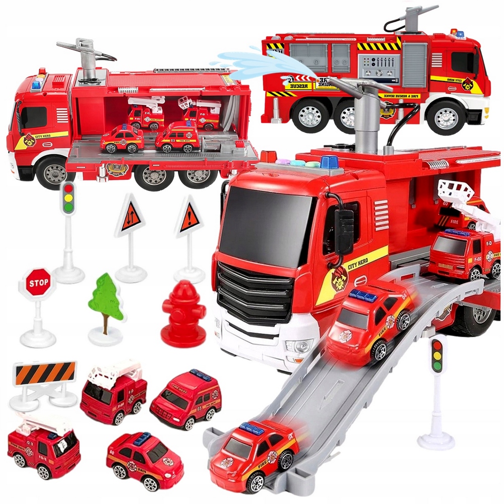 Veľké hasičské auto, šmykľavka, auto, hasičský zbor, zvuk, svetlo, oblievačka